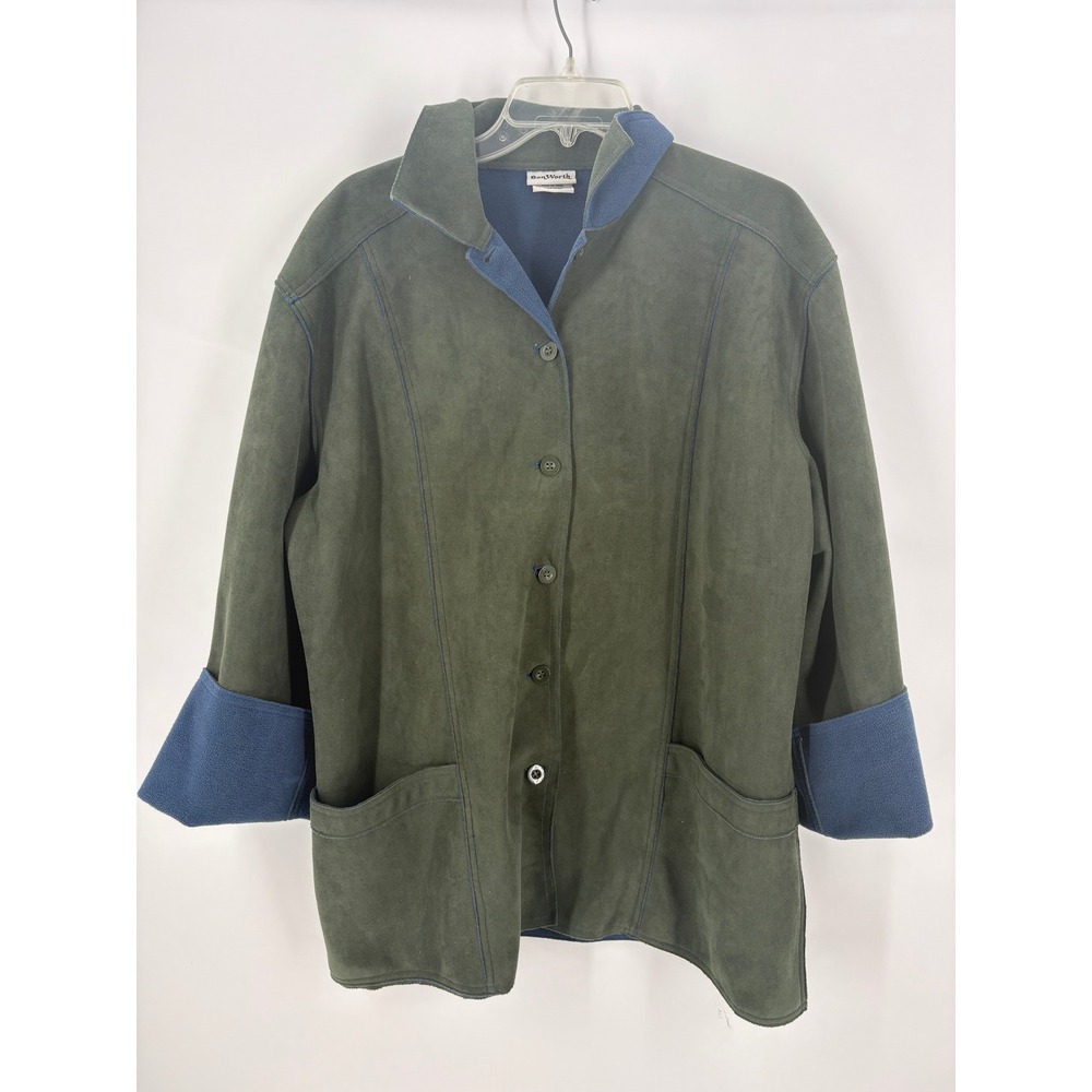 Bon Worth Olive Green Suede Like Button Front Jacket Blue Trim Size L